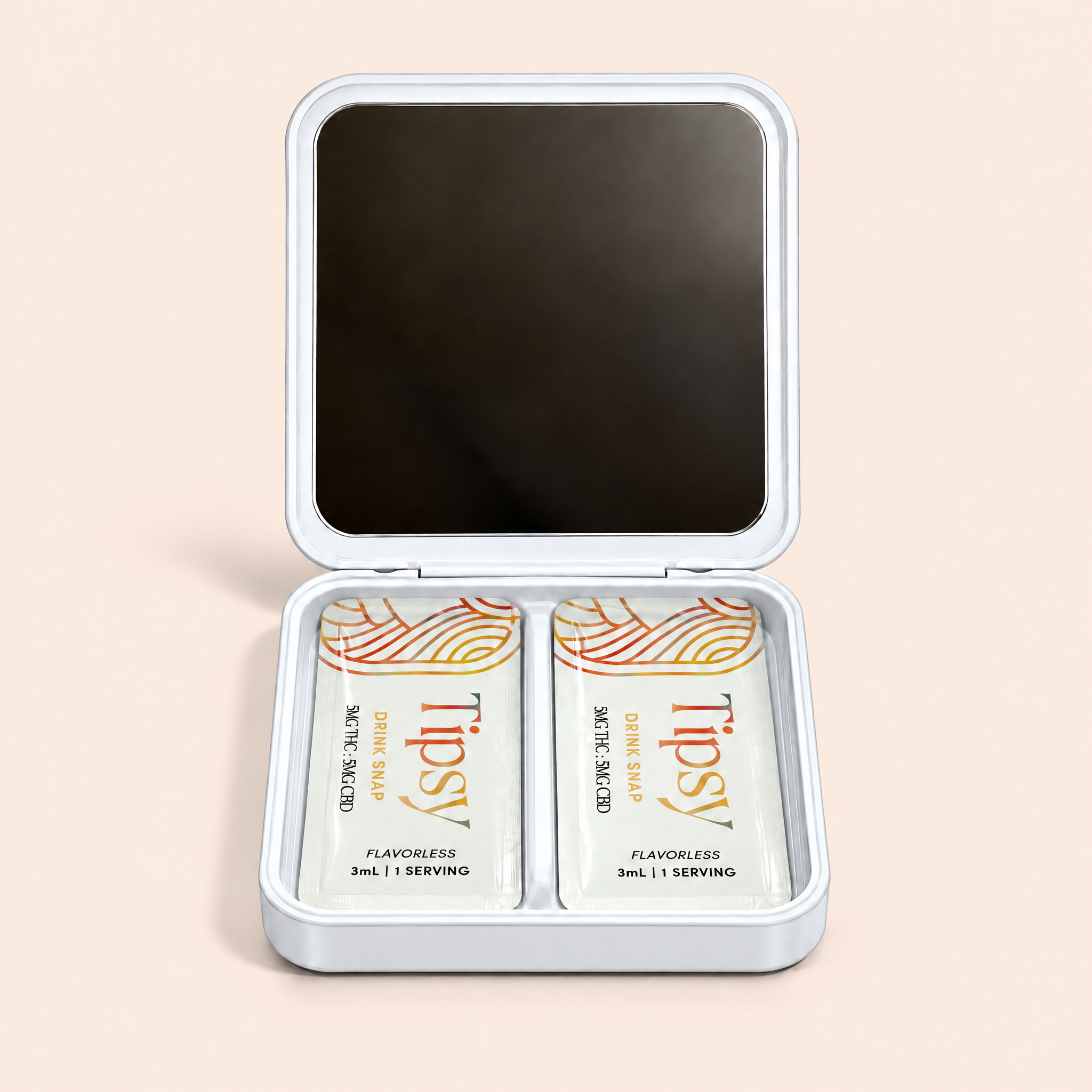White square metal tin with mirrored inside to house 10 Tipsy Drink Snaps